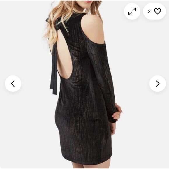 NWT Topshop Cold Shoulder Velvet Metallic Romantic Black Mini Dress Size 6 - Picture 2 of 9